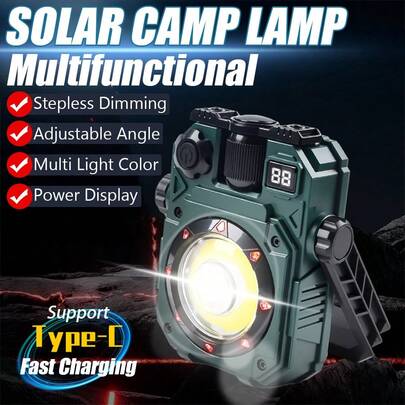 1 pezzo Luce da campeggio ad alta luminosità e lunga durata | Ricarica solare + USB-C, supporto magnetico, illuminazione da campeggio multicolore