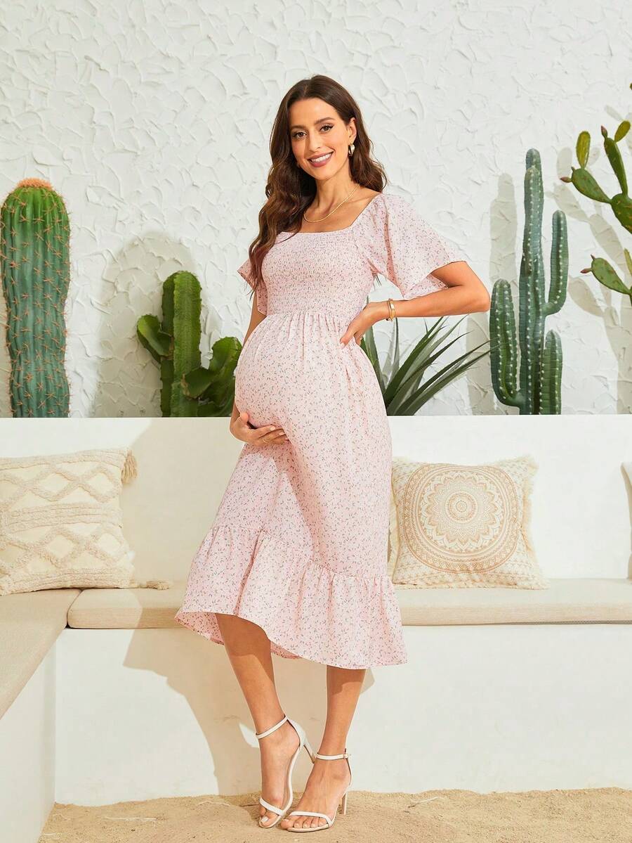 Floral Print Maternity Knit Short Sleeve Dress Summer - Baby Pink - View 1
