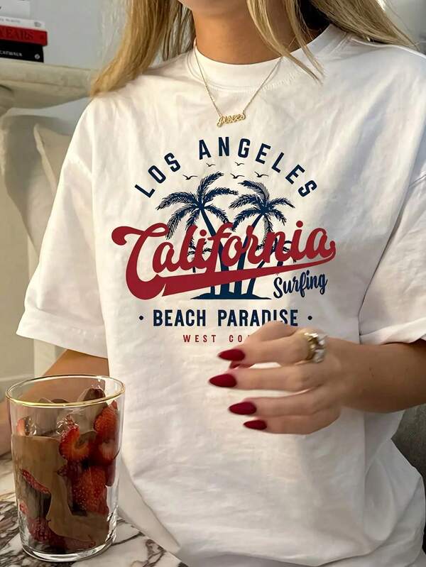 Camiseta extra grande de talla grande 100% Vintage Los Ángeles California Surfing Beach Paradise para mujeres - Manga corta con estampado geométrico, suave y cómoda para uso diario, viajes o fitness