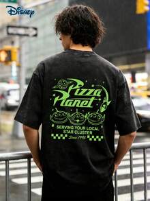 Retro Pizza Planet Shirt, Toy Story Comfortable Green Pattern Shirt, Toy Story Alien Shirt, Pizza Planet Alien Shirt,Men Clothes, Toy Story Friends, Disney 2026 Tee, Summer Vintage Washed Double-Sided Printed T-Shirt (230g Pure Cotton T-Shirt), Unisex T-Shirt, Daily Casual Wear - 黑色 - 查看 2