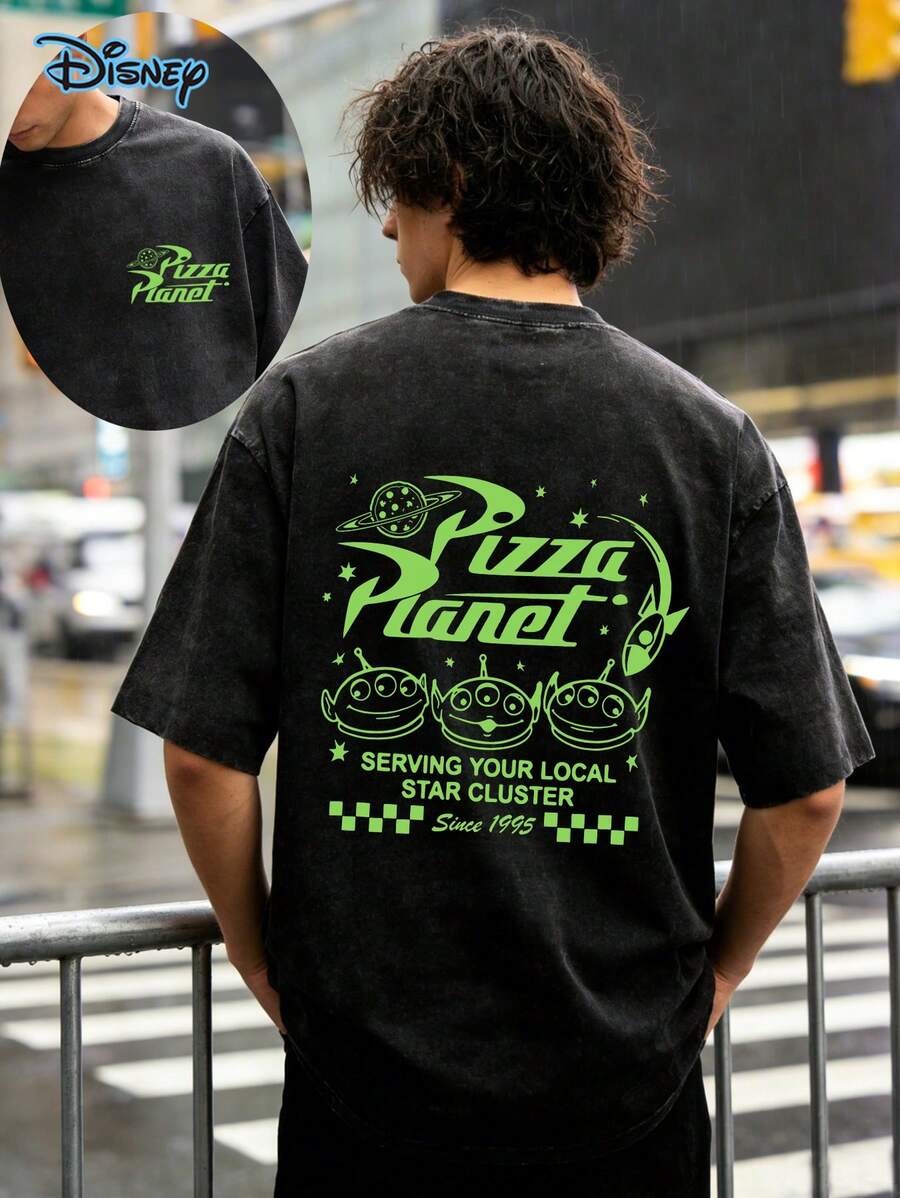 Retro Pizza Planet Shirt, Toy Story Comfortable Green Pattern Shirt, Toy Story Alien Shirt, Pizza Planet Alien Shirt,Men Clothes, Toy Story Friends, Disney 2026 Tee, Summer Vintage Washed Double-Sided Printed T-Shirt (230g Pure Cotton T-Shirt), Unisex T-Shirt, Daily Casual Wear - 黑色 - 查看 1