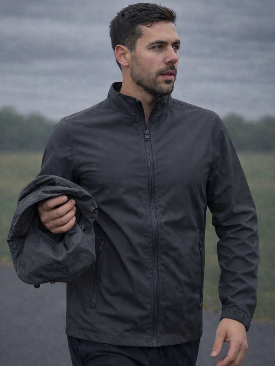Men's Black Windbreaker Jacket With Removable Hood, Ideal For Gym Or Running - Xám - Xem 1