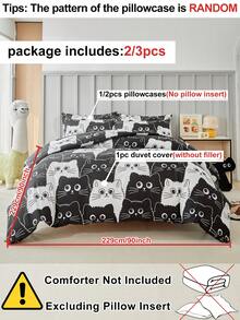 Bộ chăn ga gối trẻ em in hình mèo hoạt hình đen trắng (2/3 món), chất liệu polyester dễ thương, thích hợp cho ký túc xá, phòng trẻ em, mọi mùa, mềm mại và thoáng khí, có thể giặt máy, quà tặng cho bé trai, bé gái, trẻ em (1 vỏ chăn + 1/2 vỏ gối, không kèm ruột gối) - Đen và trắng - Xem 4