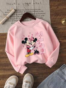 1pc Disney Valentine's Day Mickey Mouse & Minnie Mouse "LOVE" Heart Accent Graphic Tween Girls Sweet Sweatshirt - Soft & Versatile, Ideal For Valentine's Day Outings, Casual Hangouts And School Days - Hồng - Xem 1
