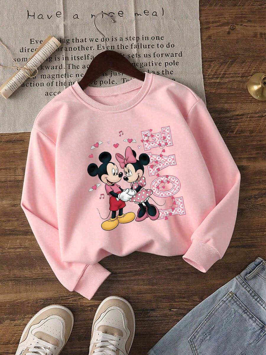 1pc Disney Valentine's Day Mickey Mouse & Minnie Mouse "LOVE" Heart Accent Graphic Tween Girls Sweet Sweatshirt - Soft & Versatile, Ideal For Valentine's Day Outings, Casual Hangouts And School Days - Hồng - Xem 1