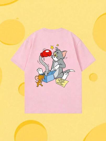 Whysmera SHEIN X Tom & Jerry Women's Summer New Patchwork Print T-Shirt, Breathable And Comfortable, Retro American Cartoon Style Short Sleeve Top, Suitable For Daily Wear, Campus, Outings, And Couple/Friend Matching