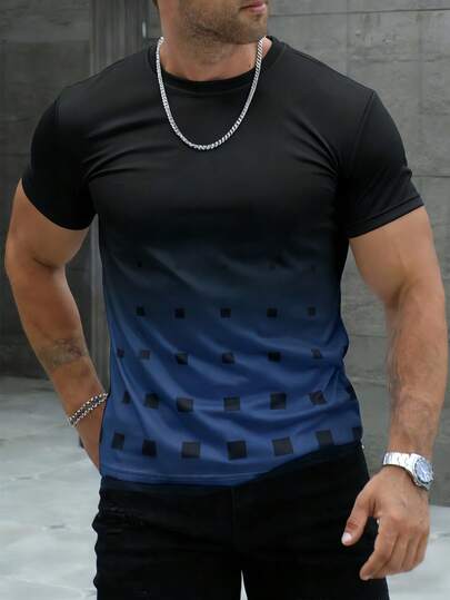 男士户外休闲运动短袖T恤，几何方格印花圆领上衣