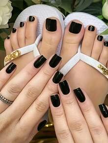 48片装女士美甲贴套装 - 24片手部贴片和24片脚部贴片，黑色哑光方形人造指甲，手工美甲贴纸，夏季礼物，可爱美甲设计，美甲用品 - 黑色 - 查看 7