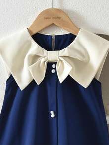 Gaun Tanpa Lengan dengan Kerah Warna Kontras untuk Anak Perempuan, Gaya Manis & Imut, Cocok untuk Dipakai di Musim Panas - Navy Blue - View 4