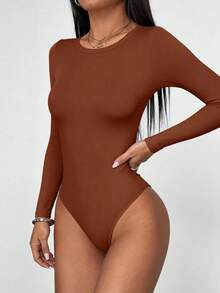 Women Spring Bodysuits For Long Sleeve Shirts Fitted Basic Ribbed Layering Bodys Tops Fall Fashion Winter Clothes Caramel Vacation Rompers Outfits For Women - Caramel - View 4