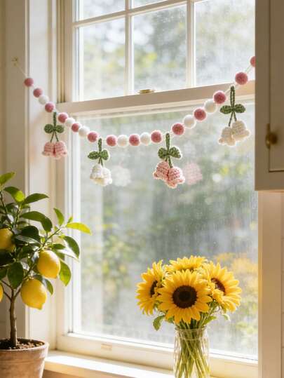 1pc Handmade Pom Pom Garland, Pink And White Flower & Ball Decor, Crochet String Garland, Boho Home Decor, Nursery Wall Hanging, Baby Shower Party Decoration, DIY Craft Kit, Spring Summer Room Decor, Elegant Kids Room Accent, Party Banner For Living Room, Bedroom, Wedding, Holiday Decor.