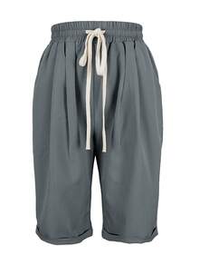 Women's Solid Color Drawstring Waist Pocket Casual Bermuda Shorts Summer - Dark Grey - View 2