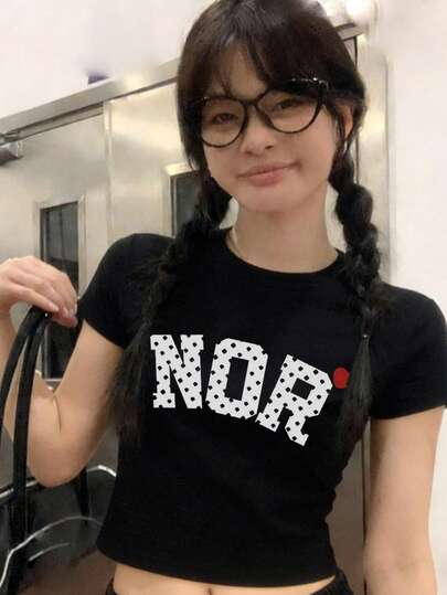 女士休闲圆领短袖T恤，波点、字母和爱心印花，通勤百搭，春夏皆宜