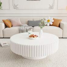 Mesa de centro redonda de 100 cm de madera, mesa de centro circular moderna y única, mesa de centro acanalada contemporánea de tambor, mesa auxiliar lateral central para sala de estar, espacios pequeños, apartamento - Blanco - Ver 4