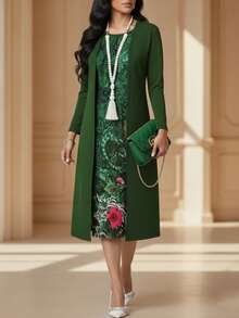 大码女装新款优雅两件套：纯色时尚长袖开衫外套 + 复古印花无袖修身长裙 - 綠色 - 查看 2