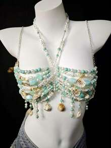 2026 Spring/Summer New Unisex Body Chain, Sexy Acrylic Crystal Pearl Sequin Shell Seashell Body Chain Metal Iron Chain Accessories For Party, Beach, Music Festival, Bikini - Màu xanh lam - Xem 4