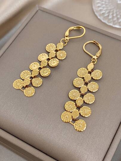 1对复古优雅花瓣吊坠耳环，女士简约独特金色垂坠耳环，不锈钢耳环，适合圣诞节、日常佩戴、派对、母亲节、情人节等场合的珠宝礼物