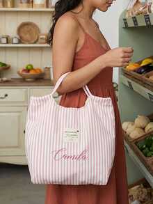 Customizable Personalized Name Retro Striped Handbag With Name Logo And Floral Text, Underarm Tote Bag, Retro Striped Canvas Handbag, Lightweight And Large Capacity Casual Fashion - Multicolor - View 3