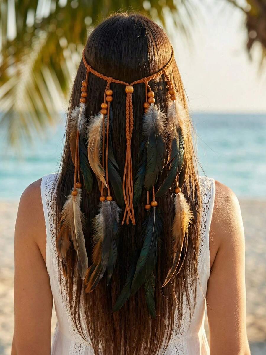1pc Bohemian Style Long Feather Hair Chain, Women's Beach, Party, Music Festival Wear Hair Accessory Jewelry Feather Headband - 127 - View 1