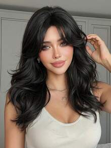 22 Inch Black Curly Wig With Bangs, Women's Synthetic Fiber Wavy Wig, Heat Resistant For Daily Wear And Parties - Black - View 2