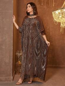 SUPGIR Women's Mandarin Collar Long Sleeve Handmade Rhinestone Satin Evening Dress - Brown - View 5