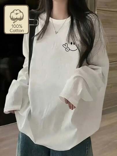 230克纯棉女式韩版宽松长袖圆领T恤 - 几何印花白色长袖圆领上衣，韩版春夏休闲宽松长袖T恤，无英文标语设计，韩版时尚休闲服饰