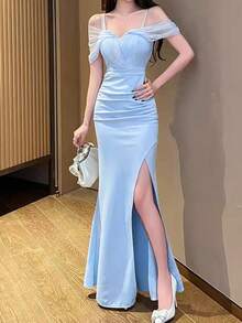 Summer Women Elegant Chic Bodycon Sexy Party Cold Shoulder Slim Birthday Prom Evening Dress - Baby Blue - View 4