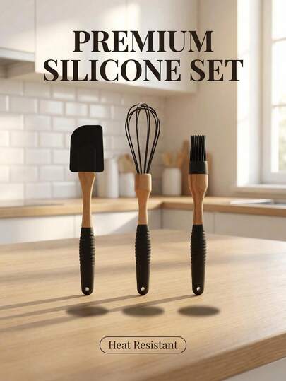 一套实用硅胶厨房工具，耐热、防烫、耐腐蚀。适用于搅拌鸡蛋和奶油、涂抹户外烧烤油、刮碗壁。柔软的硅胶材质不会损坏厨具。可承受高温和接触热食。