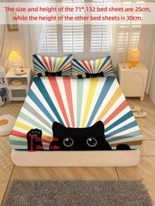 2/3PCS Home Textile Bed Sheet Set, Kitten And Rainbow Bedding, Made Of Polyester Material, Digitally Printed, Suitable For Boys, Girls, Teenagers, Gifts, Bedrooms. 1 Bedsheet And 1/2 Pillowcase. - Multicolor - View 1