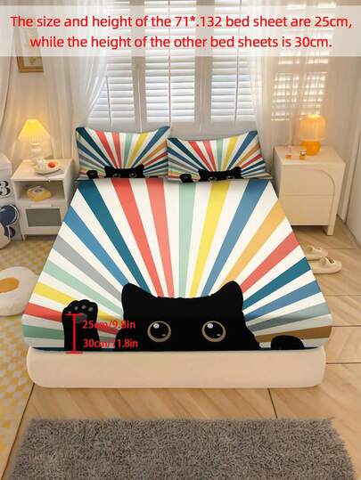 2/3PCS Home Textile Bed Sheet Set, Kitten And Rainbow Bedding, Made Of Polyester Material, Digitally Printed, Suitable For Boys, Girls, Teenagers, Gifts, Bedrooms. 1 Bedsheet And 1/2 Pillowcase.