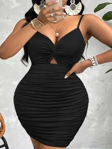 BIUBIU 加大码女士黑色迷你裙，前开衩扭结褶裥设计，适合夏季派对、婚礼等正式场合。 - 克色 - 查看 3