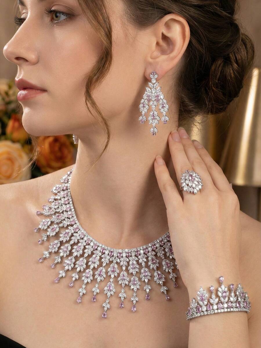 一套优雅奢华的立方氧化锆花束首饰套装，适合女士婚礼和宴会佩戴，包括1对耳环、1条项链、1条手链、1枚戒指（不含礼盒） - 紫色 - 查看 1