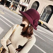 1顶女士新款复古英伦风羊毛毡渔夫帽，优雅圆顶礼帽，饰有大蝴蝶结，时尚日常及户外帽 - 黑色 - 查看 6