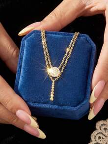 1pc Elegant Double-Layer Round Necklace, 925 Sterling Silver Delicate Choker Necklace, Exquisite Jewelry Gift Suitable For Girls Daily And Date Outfit - Double Medal Tassel Necklace - View 3