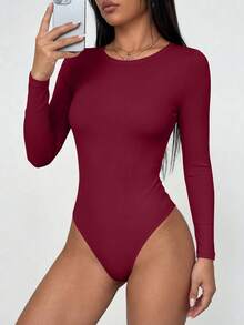 PRETTYGARDEN Women Spring Bodysuits For Long Sleeve Shirts Fitted Basic Ribbed Layering Bodys Tops Fall Fashion Winter Clothes Wine Red Vacation Rompers Outfits For Women - 酒紅色 - 查看 3