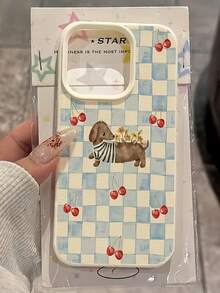 1个白色荔枝纹理磨砂镜头保护壳，蓝色格子樱花小狗图案，可个性化定制，兼容 16 Pro Max、17/16/15/14 Plus/13/12/11、Air系列，国际版，非国内版 - 彩色 - 查看 2