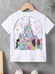 Disney-A Must-Have For Princess Fans! Disney Co Branded Girls' T-Shirt With Double-Sided Printing Design And Colorful Watercolor Style, Versatile And Sweet For Daily Use - 白色 - 查看 2