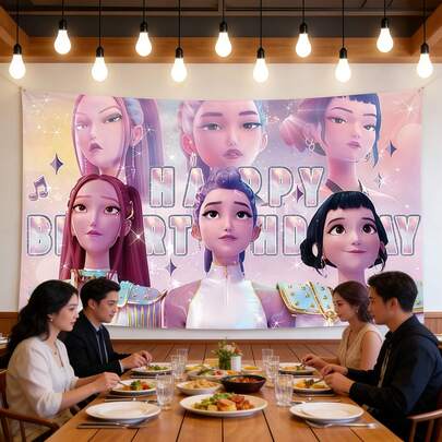 1/2/3 piezas Decoración de fondo para fiesta de cumpleaños con tema de grupo de ídolos coreanos, suministros para fiesta de cumpleaños de dibujos animados rosa y morados, fondo fotográfico adecuado para celebración y decoración de fans de K-Pop (Debido al proceso de producción y transporte, puede haber una ligera diferencia de color y defectos menores, que están dentro del rango normal, estilo aleatorio)