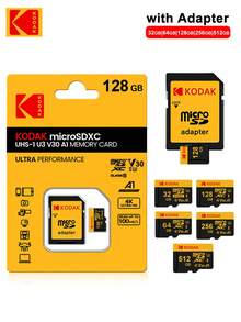 Kodak Micro SD Card U3 V30 Class10 16GB/32GB/64GB/128GB/256GB/512GB High-Speed Memory Card With Card Adapter For Camera DSLR Surveillance Car Smartphone - Black - View 2