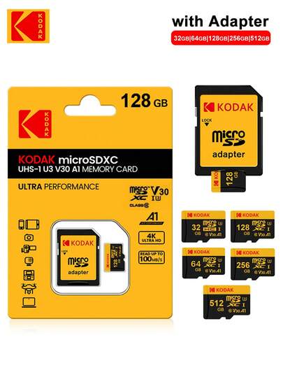  Kodak Micro SD Card U3 V30 Class10 16GB/32GB/64GB/128GB/256GB/512GB High-Speed Memory Card With Card Adapter For Camera DSLR Surveillance Car Smartphone