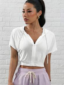 Women's 1pc White Mesh Sheer Short Zip-Up Hooded Jacket, Summer Sports Style - White - View 4