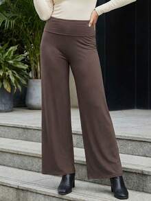 Pantalones Anchos para Mujer de Color Sólido, Cintura Alta y Borde Doblado, Elegantes para Citas y Uso Casual de Verano - marrón café - Ver 3