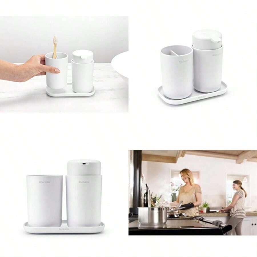 Timber & Thread   Brabantia ReNew 3 Piece Bathroom Accessory Set Set Of 3 Refillable Handwash Soap Dispenser Toothbrush Holder And Tray Whitedcf - White - View 1