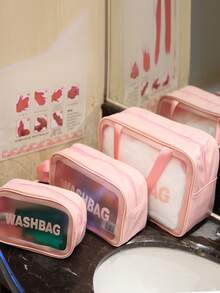 1/3pcs Fashion PU Transparent Toiletry Bag, With Handheld Grooming Organizer, Zipper Closure Cosmetic Pouch, Ideal For Daily Use, Outdoor Travel, Swimming, Fitness, Travel Accessories, Bathroom Supplies, Makeup Lovers, Perfect Gift For Valentine's Day/Mother's Day (Pink) - Multicolor - View 2