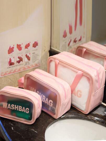 1/3pcs Fashion PU Transparent Toiletry Bag, With Handheld Grooming Organizer, Zipper Closure Cosmetic Pouch, Ideal For Daily Use, Outdoor Travel, Swimming, Fitness, Travel Accessories, Bathroom Supplies, Makeup Lovers, Perfect Gift For Valentine's Day/Mother's Day (Pink)