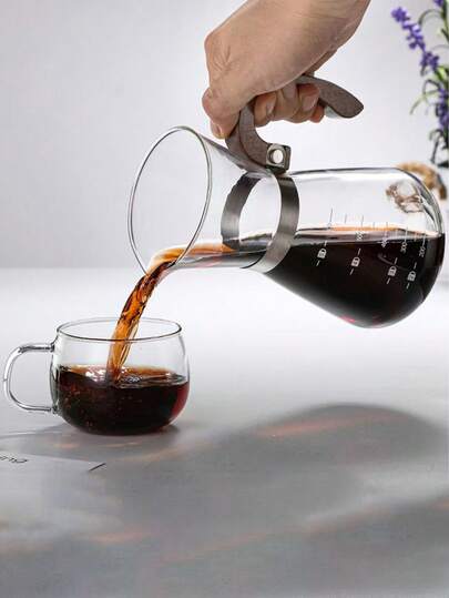 1pc High Borosilicate Glass Pour Over Coffee Maker With Scale Filter, Wooden Handle, Home Use Drip Coffee Pot Sharing Pot