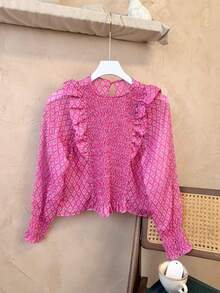 Hermiss Women's Chiffon Blouse With Gathered Elastic And Ruffle. One Size Fits S/M/L. New Autumn/Winter Collection. - 玫瑰紅 - 查看 7