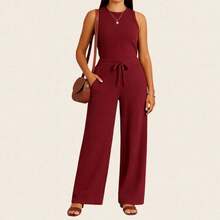 Kit 2 Conjunto Canelado Pantalona Wide Leg Com Bolso Regata Canelada Feminina - Vinho + Bege - Visão 7