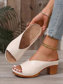 女士粗跟凉鞋，黑色，夏季新款露趾拖鞋，金色女士厚底系带休闲坡跟凉鞋 - 米色 - 查看 15