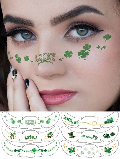 6Pcs Temporary Face Tattoos, St. Patrick's Day Series, Featuring Colorful Clover, Leprechaun, And Other Elements. Temporary Freckle Fake Tattoo Stickers Suitable For Party Parades And Celebrations